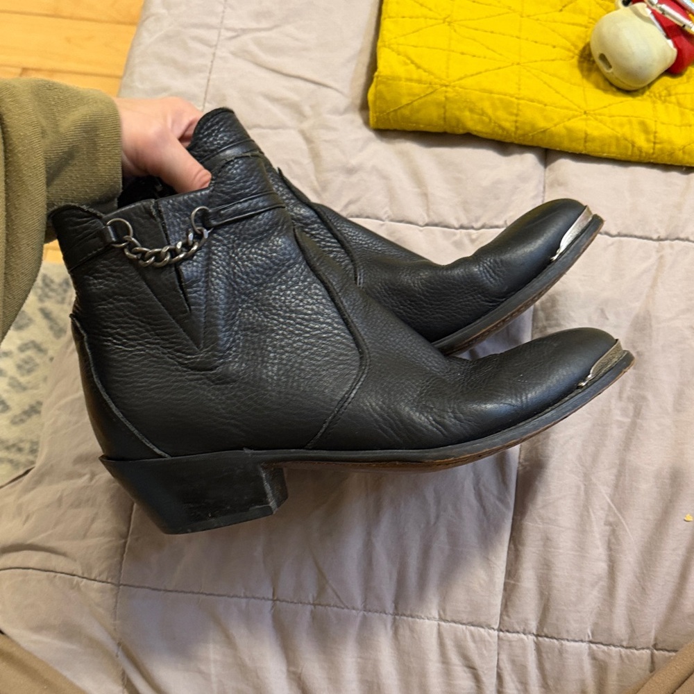 Black Leather Ankle Boots with Chain Detail